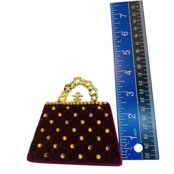 Artisan Christmas Red Velvet Rhinestone Satchel Purse Large Statement Brooch - Picture 7 of 8